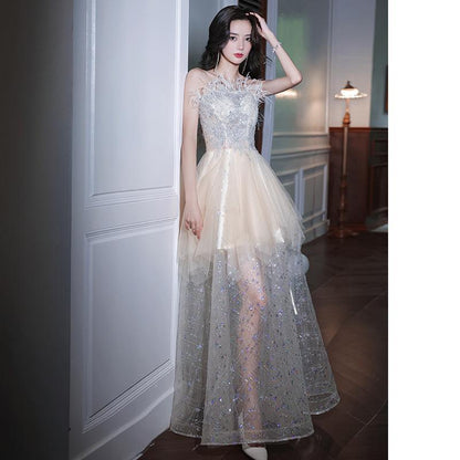 Style evening dress female adult graduation banquet temperament tube top shoulder art test light luxury niche design sense fairy