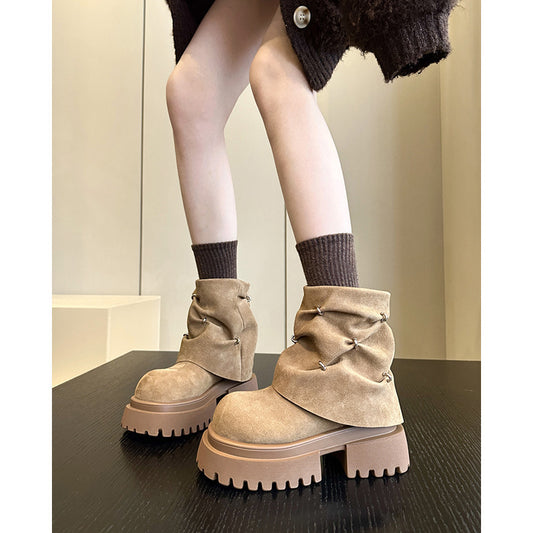 2025 Thick sole heightening thick heel big head matte pile short boots women's British style popular autumn new fashion boots