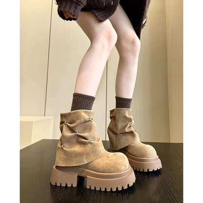 2025 Thick sole heightening thick heel big head matte pile short boots women's British style popular autumn new fashion boots