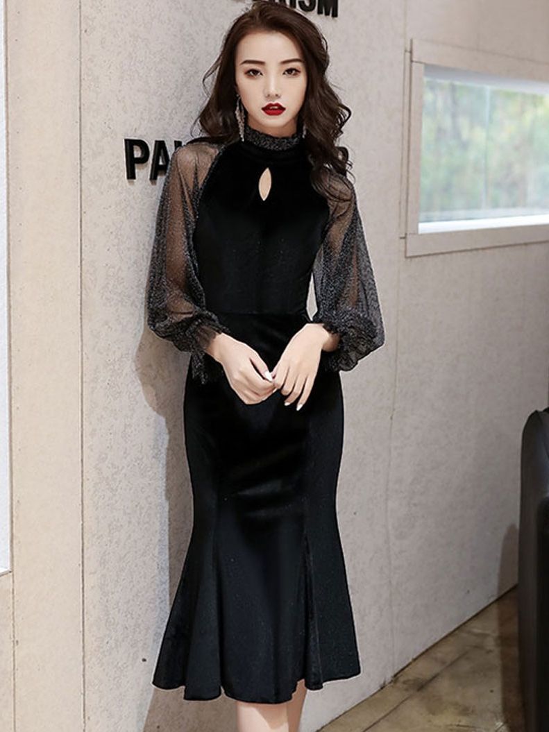 Evening Dress Women's Banquet Elegant Graceful Fishtail Gold Velvet Mesh Long Sleeve Host Annual Meeting Mid-Length Dress