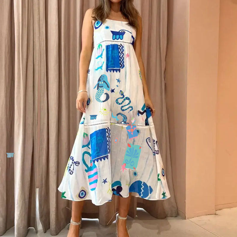 STOREXQ New autumn new -border  temperament elegant printing painted waist suspender long pendulum dress