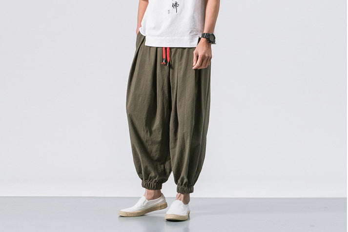 Chinese Style Japanese Style Linen Casual Pants Men's Cropped Loose Wide Leg Ankle-Tied Fat Fashion Brand plus-Sized plus Size Harem Pants