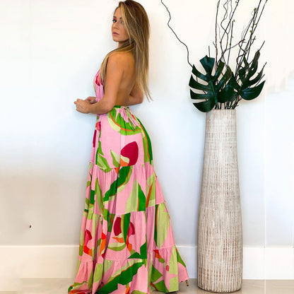 storexq Tie Dye Striped Whimsical Lace-Up High Split Pant Suit