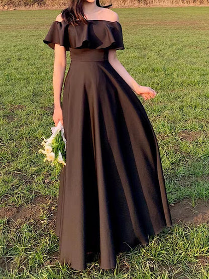 2025 Black evening dress skirt banquet temperament one-word shoulder thin long dress annual meeting high-end light luxury niche dress annual meeting