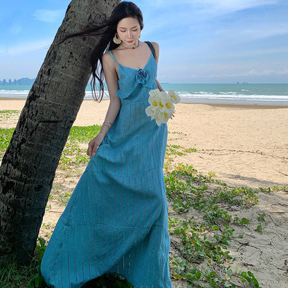 2025 Sanya seaside photo romantic  handmade rose lotus leaf edge embroidery heavy industry suspender long dress big swing dress