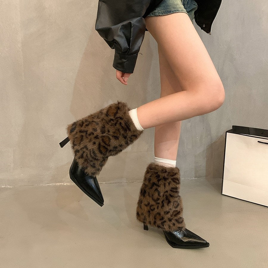 2025 Leopard print hairy medium tube women's boots autumn and winter retro short boots thin heel babes pant tube boots pointed  high heel boots