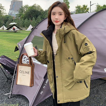 2023 autumn and winter new jacket women's windproof outdoor down cotton jacket women's casual hooded armband cotton-padded clothes women