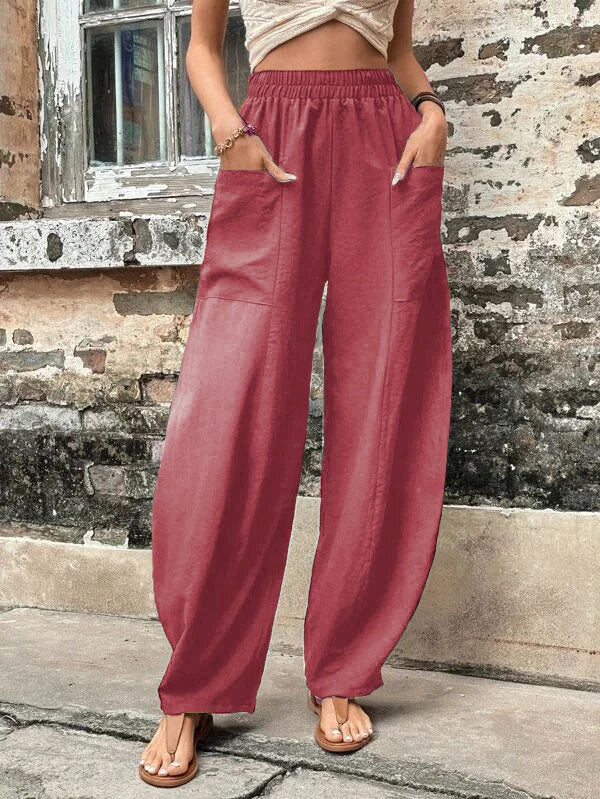 storexq wish Independent Station  Cross-Border Women's Clothing Pants Solid Color Pocket Women's Casual Trousers Trousers with an Elasticated Waist Trousers