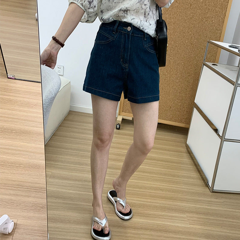 storexq Western Style Navy Blue Retro Denim Shorts Women's Summer Thin High Waist Slimming Stretch Small Wide Leg Hot Pants