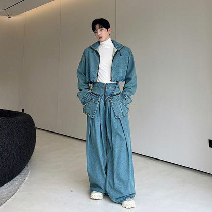 Retro Washed Distressed Profile Denim Suit Men's Design Sense Korean Style Internet Celebrity Wide Leg Trousers Design Sense Two-Piece Suit