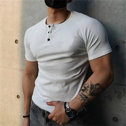 Coarse Thread 230G Cotton Heavy Henley Shirt  Cross-Border Men's T-shirt Solid Color Men's Retro Summer Short Sleeve Fitness