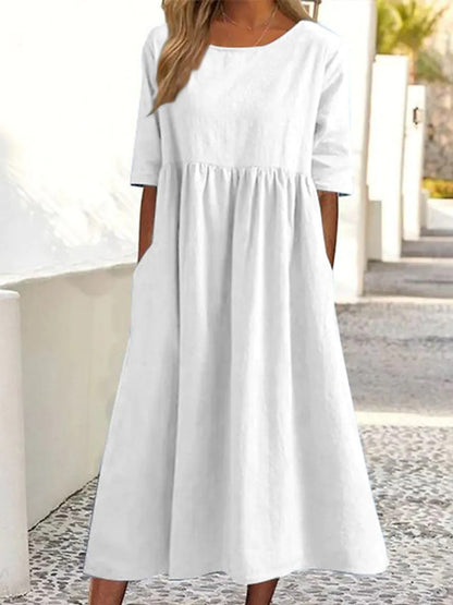 STOREXQ Summer  Independent Station New Cotton and Linen Casual Short Sleeve Pocket Pleated Loose round Neck Dress