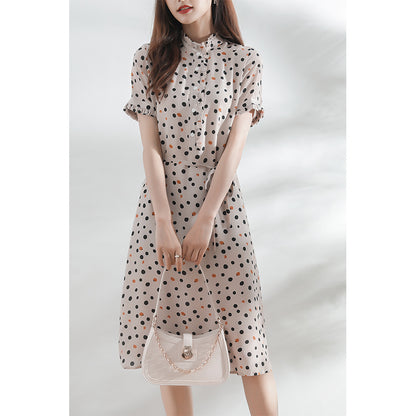 2025 Polka dot silk dress  summer new  temperament women's clothing, short-sleeved medium and long mulberry silk skirt