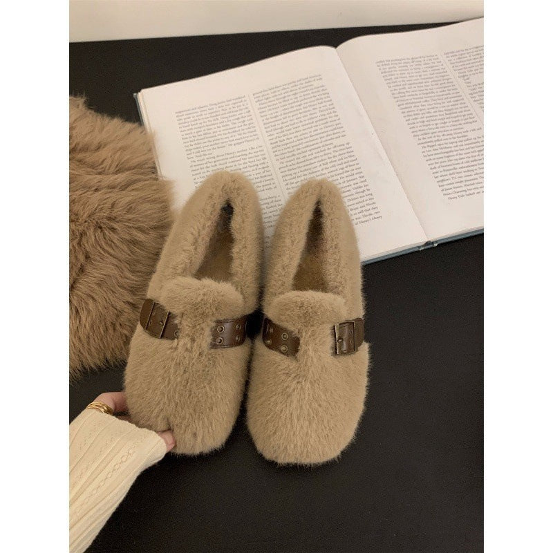 2025 Flat-bottomed plush Doudou shoes plush single shoes women's shoes popular new autumn and winter outer wear soft-soled cotton shoes fluffy shoes