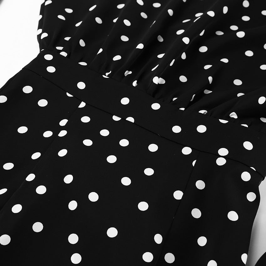 STOREXQ Fashion V-neck bubble sleeve polka dot lace-up A pendulum dress popular Popular, 2025, autumn and winter New new wholesale short skirt women