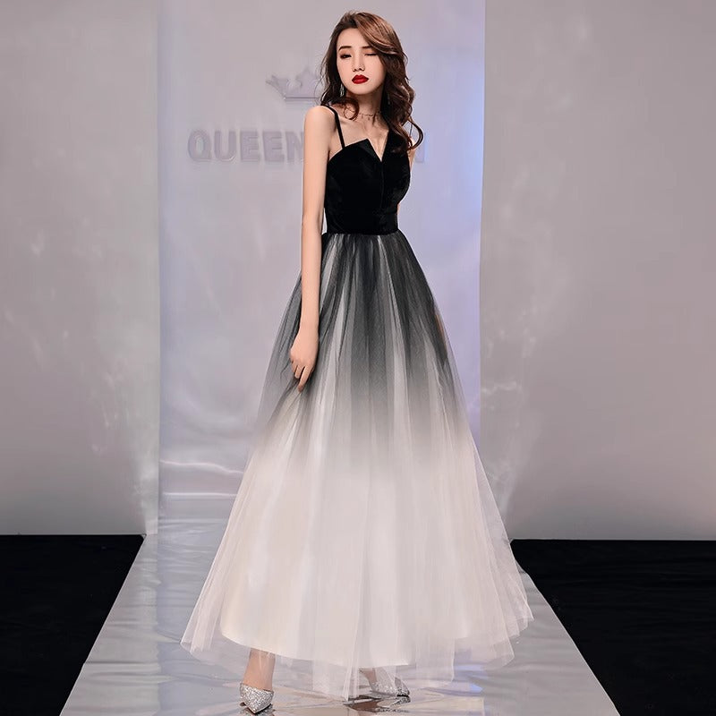 2025 Gradual change evening dress dress female banquet temperament black atmosphere suspender high sense niche graduation host dress