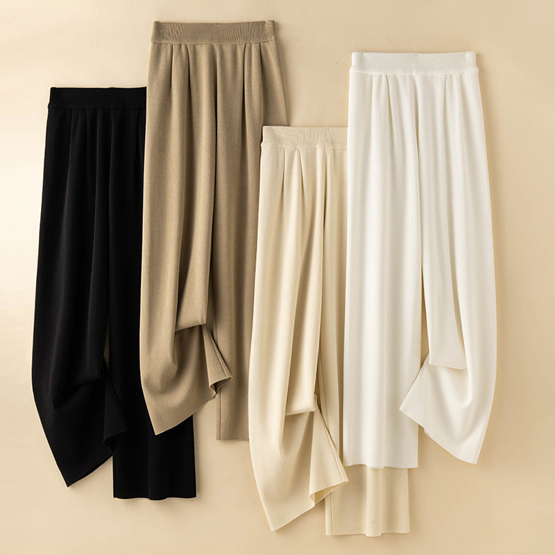 storexq Summer White Ice Silk Wide-Leg Pants Women's Thin High Waist Drooping Cool Pants Casual Straight-Leg Knitted Narrow Long Pants