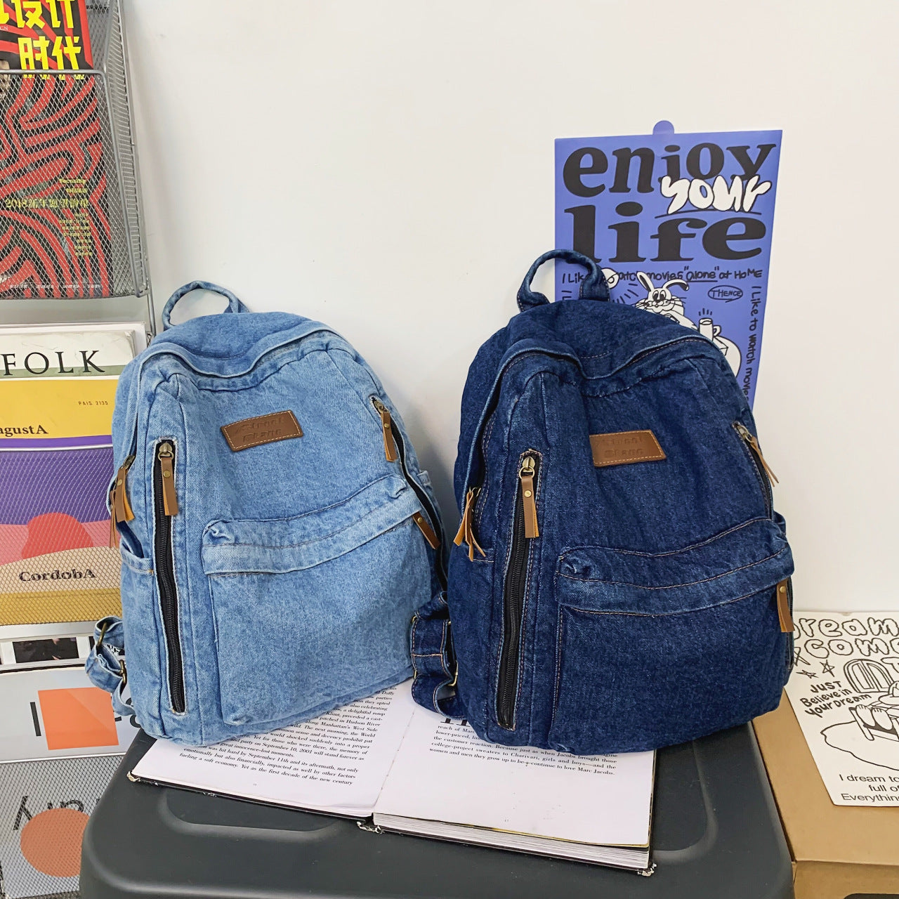 Backpack New Fashion Simple Trendy Backpack Large Capacity Durable Jean Bag University High School Junior High School School Bag