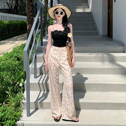 2025 High waist narrow version wide leg pants long pants women's summer retro floral 2025 casual pants slimming vacation mopping pants