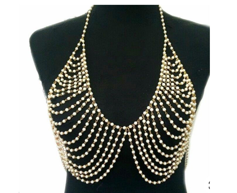 2025 LH4703 new pearl beaded chest chain body chain  New fashion sexy necklace metal gold real shot