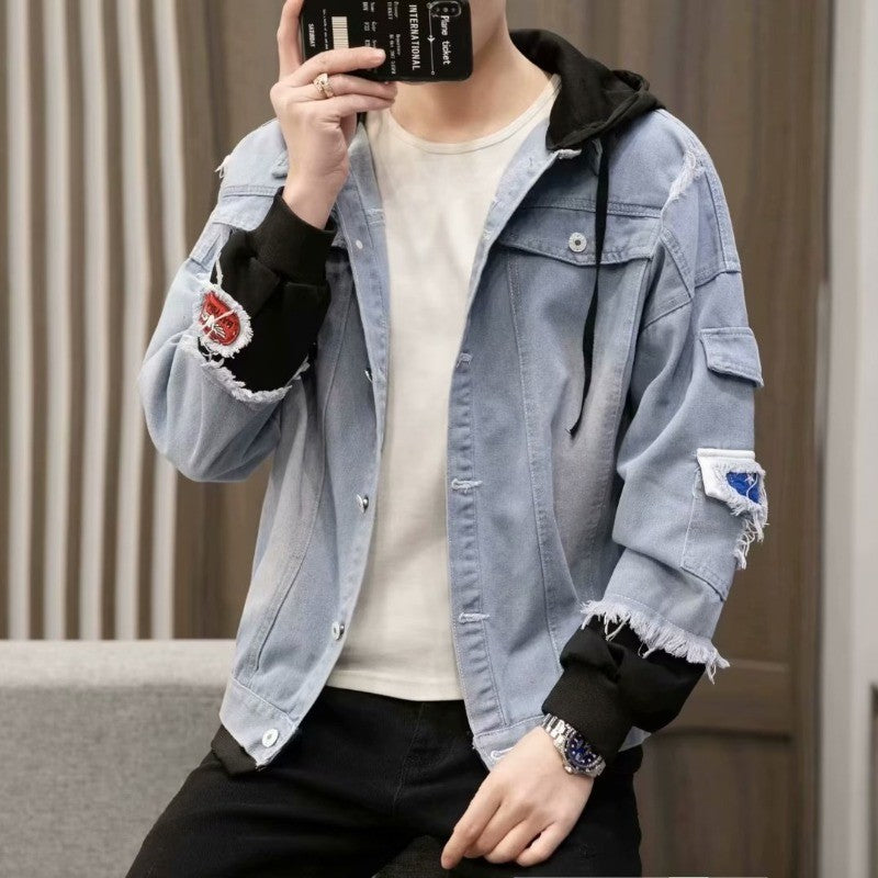 [Speed Lion] Denim Coat Men's Fake Two Pieces Hooded Color Contrast Korean Fashion All-Matching Loose Casual Jacket