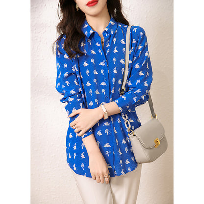 2025 Heavy silk shirt early autumn women's clothing  spring and autumn new blue printed mulberry silk shirt short top