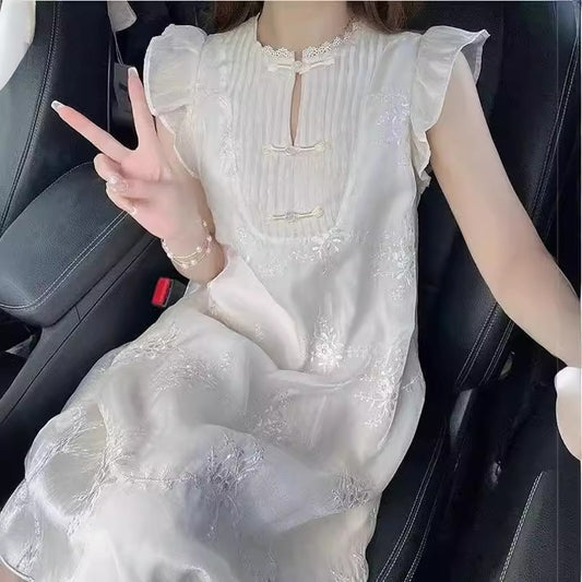 STOREXQ Design Sense New Chinese Style Heavy Industry Jacquard Embroidery Dress New Gentle Temperament Flying Sleeve Long Dress for Women