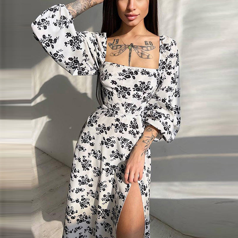 STOREXQ 2025 New autumn dress  2025 trade 2025 women's clothing elegant printed lantern sleeve split long sleeve dress