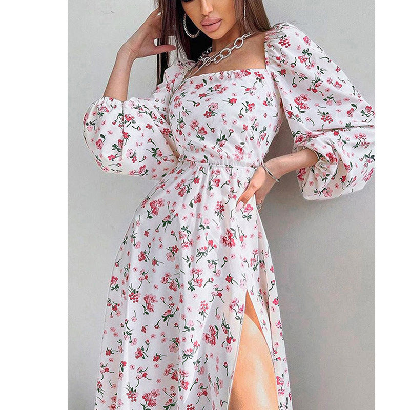 STOREXQ 2025 New autumn dress  2025 trade 2025 women's clothing elegant printed lantern sleeve split long sleeve dress