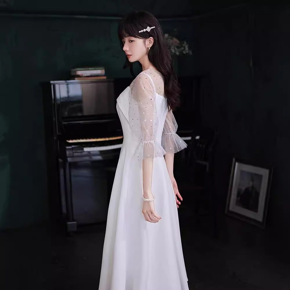 2025 White evening dress female banquet temperament can usually wear high-end light luxury niche  dress small bridesmaid clothes