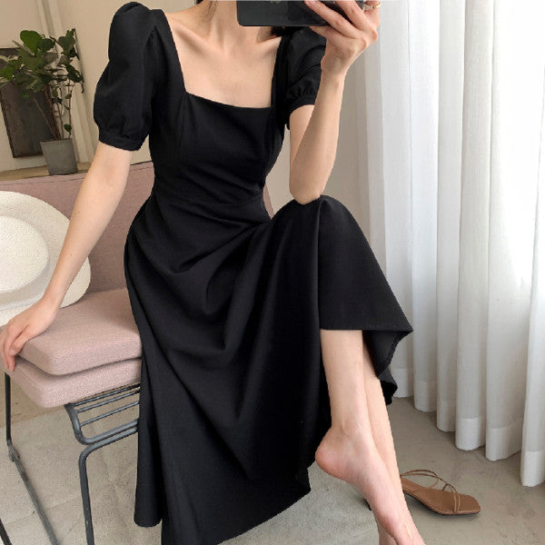 STOREXQ INS Hepburn Black Dress Women's Summer  New Square Collar  Retro Hepburn Style Temperament Long Dress