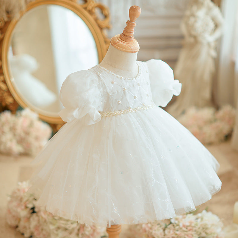 One Year Old Celebration Dress Baby Girl High-End Girl Zhuazhou White Princess Dress Little Girl Birthday Host Dress Summer