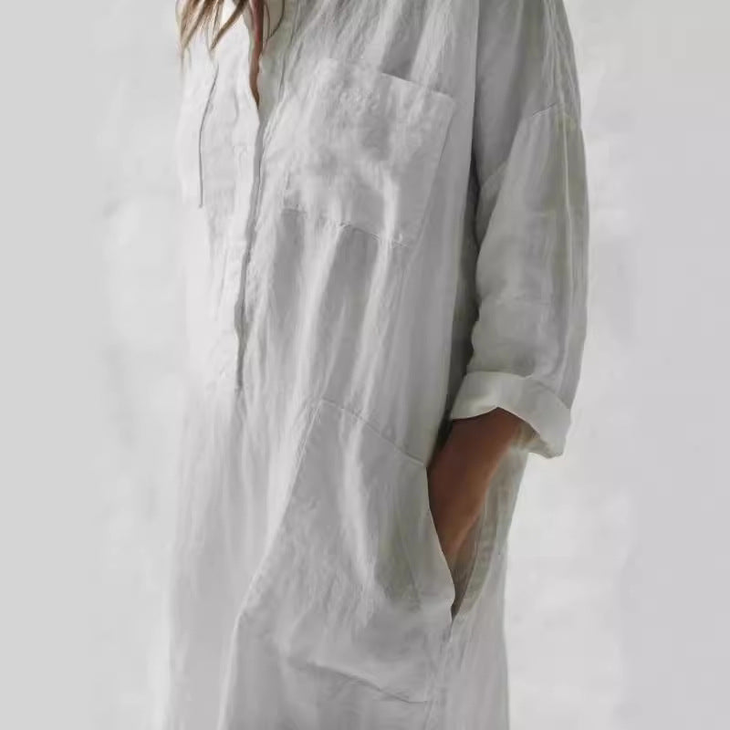 STOREXQ Cross-Border New Arrival Cotton and Linen Long Style with Medium Sleeves below the Knee Slimming Irregular Dress