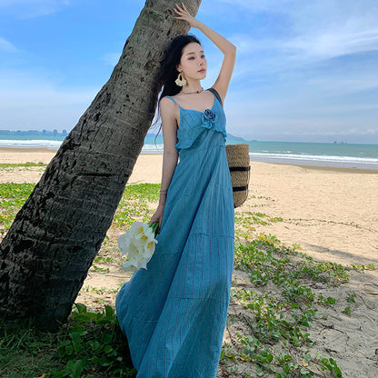 2025 Sanya seaside photo romantic  handmade rose lotus leaf edge embroidery heavy industry suspender long dress big swing dress