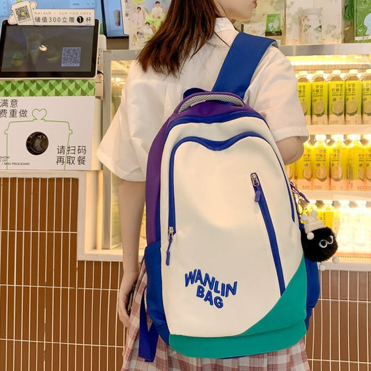 Backpack Student Schoolbag Good-looking Junior High School Student Fashion Backpack Korean Fashion Large-Capacity Backpack Contrast Color Schoolbag