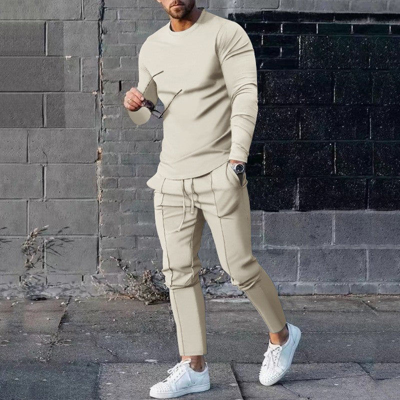 Cross-Border Men's Spring and Autumn Leisure Sports Suit   round Neck, Slim-Fit, Long-Sleeved Trousers Two-Piece Suit Men