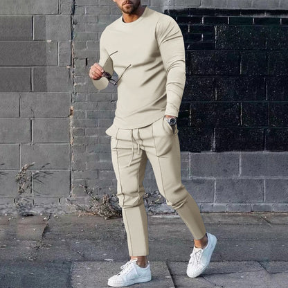 Cross-Border Men's Spring and Autumn Leisure Sports Suit   round Neck, Slim-Fit, Long-Sleeved Trousers Two-Piece Suit Men