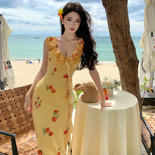 2025 Summer dopamine yellow rose lace suspender floral dress fishtail long dress  seaside vacation dress women