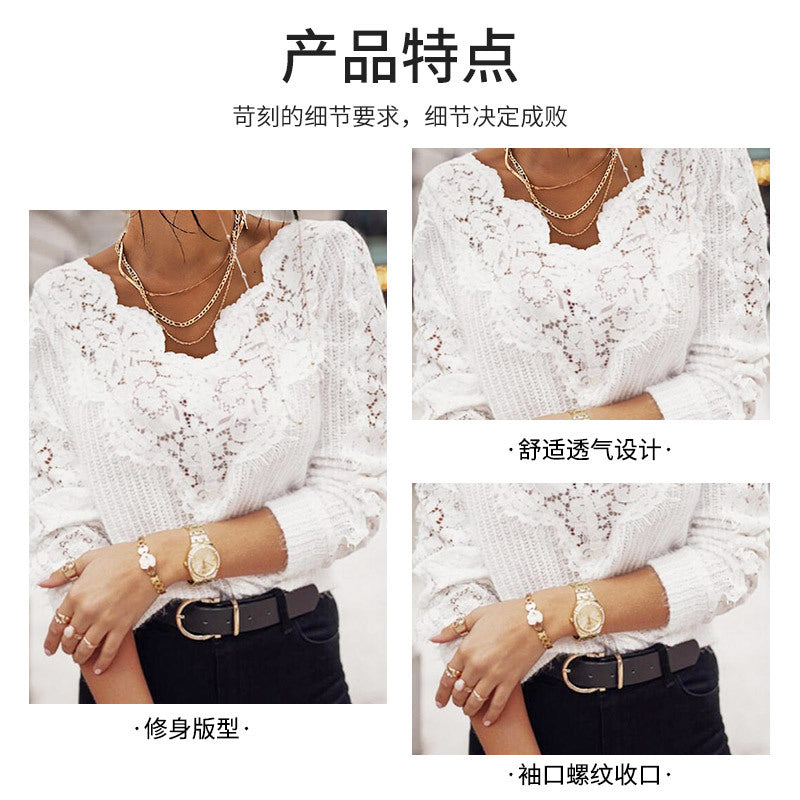 Autumn and winter new  New temperament versatile lace top women's hollow flower white knitted sweater wholesale