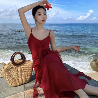 2025 retro suspender dress women's red long dress engagement dress wedding dress dress dress waist thin lotus leaf dress