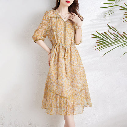 2025 Silk dress, gentle floral skirt, mulberry silk women's clothing, summer high-end skirt, summer female youth