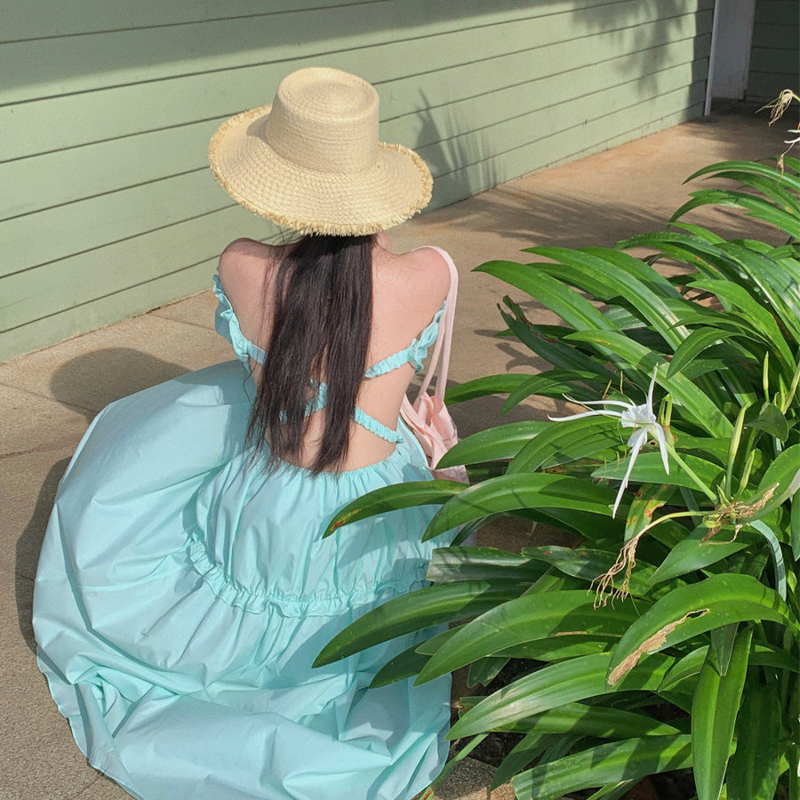 2025 Mint green white off-the-shoulder dress dopamine island wear with backless fairy skirt Thailand Sanya beach dress