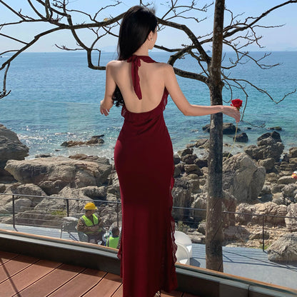 2025 Red neck V-neck female sexy hot girl gauze skirt temperament light dress seaside  waist pinch dress long dress