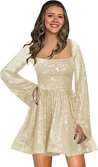 STOREXQ 2025 popular Autumn Shiny Sequins Alumni Dress Long Sleeve A-Shaped Square Neck Short Mini Cocktail Dress