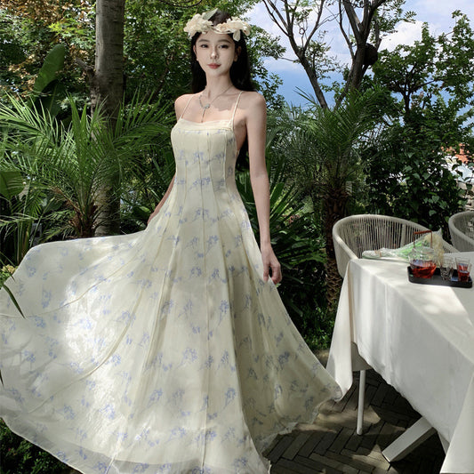 2025 coffee break blue wind chimes floral dress summer seaside vacation long dress niche design national style suspender dress