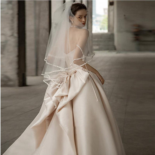 2025 Satin main wedding dress 2025 new bride retro suspender door dress retro simple photography dress light wedding dress