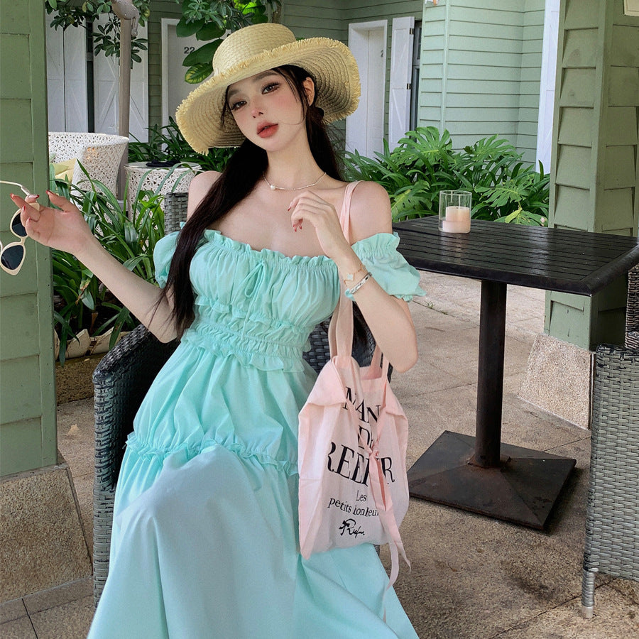 2025 Mint green white off-the-shoulder dress dopamine island wear with backless fairy skirt Thailand Sanya beach dress