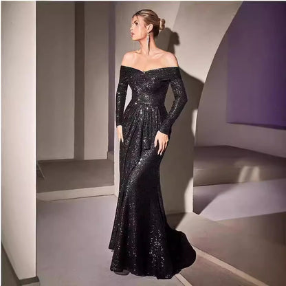 STOREXQ 2025 new   suspender sequined V-neck long dress large skirt tube top temperament party evening dress