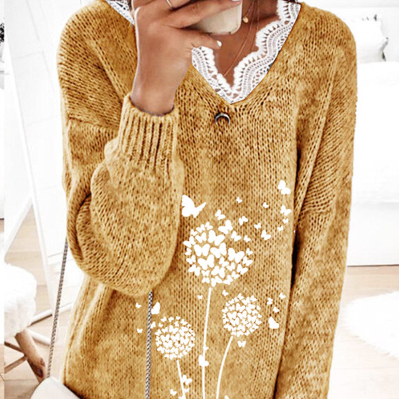 Autumn new New  lace V-neck knitted pullover, women's casual versatile knitted sweater wholesale