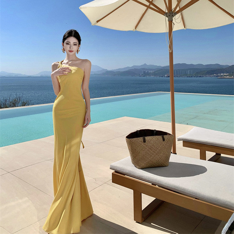 2025 retro backless yellow satin neck hanging atmosphere suspender dress long skirt desert seaside vacation photo skirt